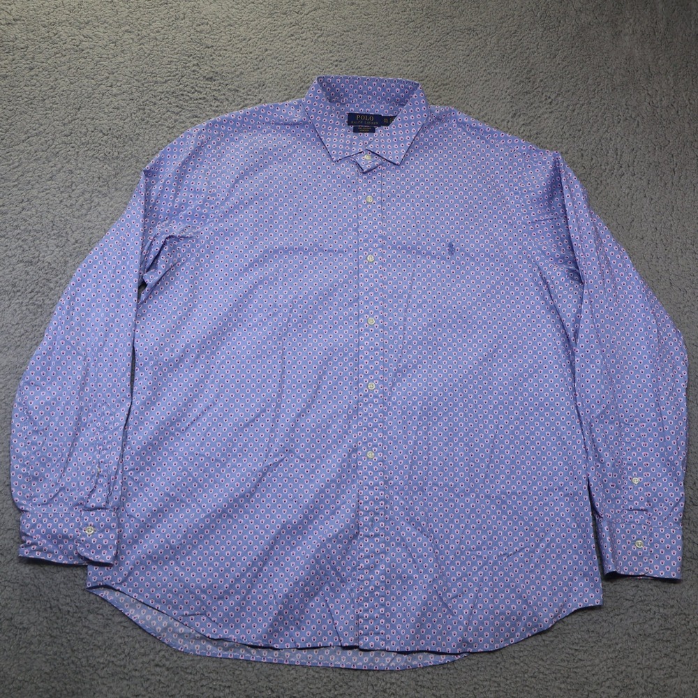 Polo Ralph Lauren XXL Blue Pink‎ Geometric Floral Stretch Cotton Poplin Shirt
